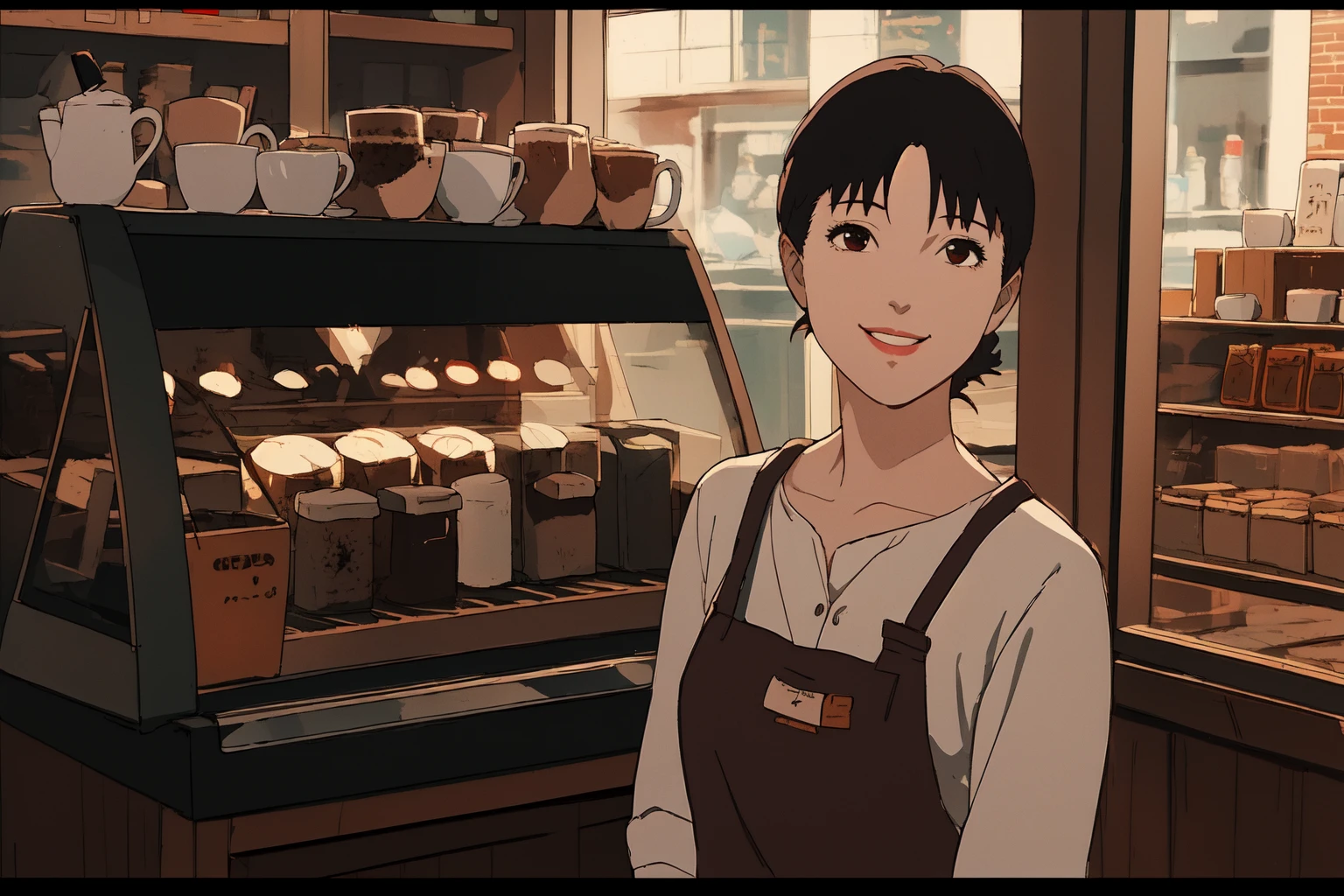 (RAW photo, best quality), 1girl,  natural lighting, upper body, coffee shop, smile,
<lora:satoshi_kon_art_style_v1_2-000007:1>, satosh kon art style