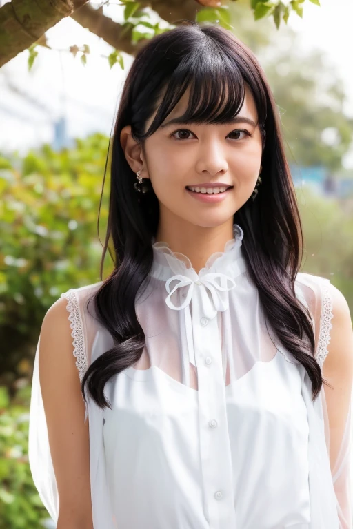 1girl, (white sheer blouse:1.6),(RAW photo, best quality), (realistic, photo-realistic:1.8), masterpiece, an extremely delicate and beautiful, extremely detailed, 2k wallpaper, Amazing, finely detail, extremely detailed CG unity 8k wallpaper, ultra-detailed, highres, soft light, beautiful detailed girl, extremely detailed eyes and face, beautiful detailed nose, beautiful detailed eyes,cinematic lighting,(in the city:2.0),perfect anatomy,(slender body:1.6),(close up face:2.4),(laugh,friendly, warm:1.8),(looking at viewer:2.0),(young japanese idol:1.8),(wavy long hair:1.8), (brown eyes:1.8),, (cleavage:1.2),  <lora:oonishiaguri_lora-11:0.8>