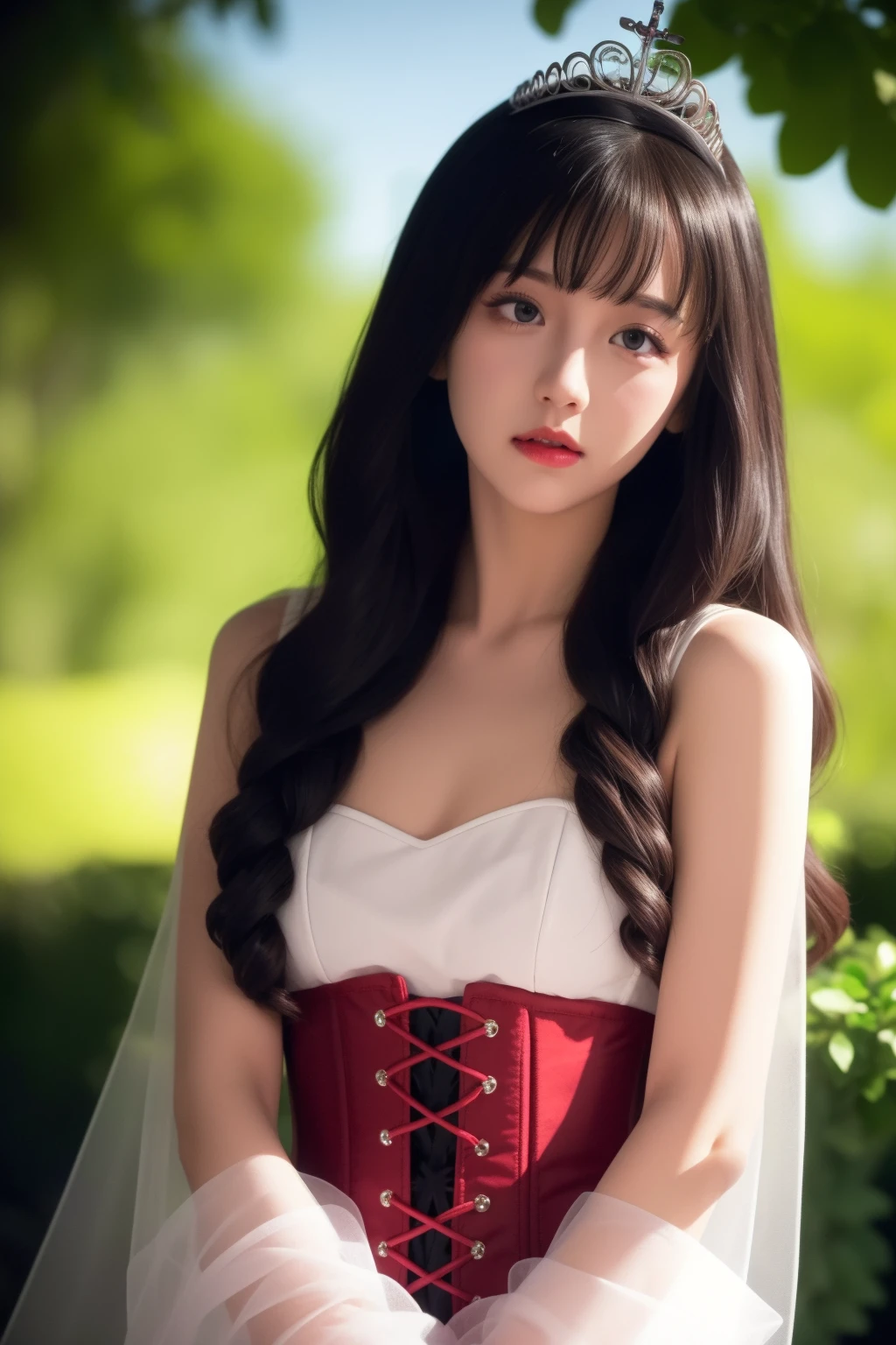 <lora:zqy:0.6:lbw=FACE>1 girl, 
<lora:AmagiBrilliantPark_LatifaFleuranza:0.6:lbw=CLOTHING>
LatifaFleuranza, princess, long wavy black hair, black eyes, intricate silver tiara, pink and white dress, corset with red lacing, white gloves, elegant, castle background, lush greenery, daylight, (highres:1.3), (detailed:1.2), (vibrant:1.1), clean line art, soft shading, (happy:0.9)
