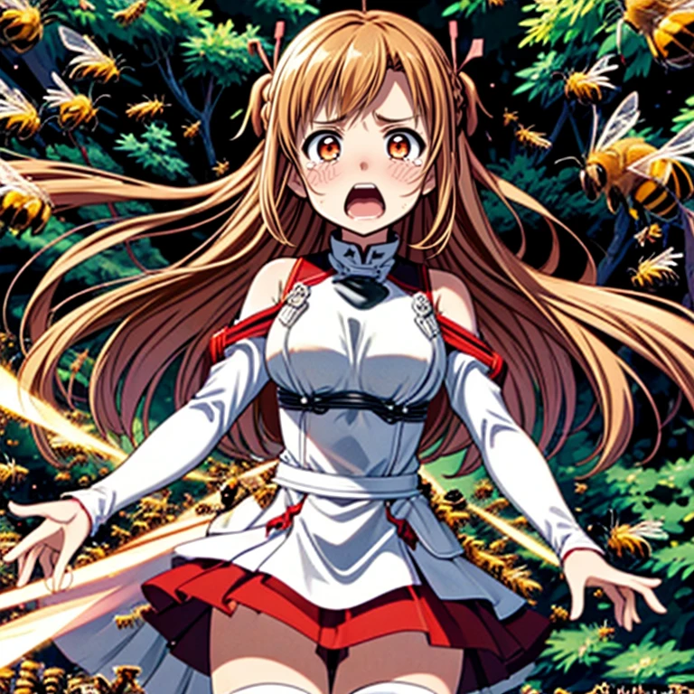 ((top quality, 8k wallpaper)),(masterpiece, best quality),extremely detailed,high definition,(official art:1.3),(((anime screencap,black outline))),<lora:more_details:0.3>,<lora:LCM_LoRA_Weights_SD15:1>,1girl,solo,scared,panicking,constricted pupils,screaming,raised eyebrows,wide-eyed,crying,tears BREAK <lora:asuna_(sao)_v1:0.75>,aaasuna,long hair,brown hair,braid,brown eyes,bare shoulders,armor,breastplate,white sleeves,detached sleeves,red skirt,pleated skirt,white thighhighs BREAK <lora:manyBees:0.4>,(((bees,insect wings,too many bees surrounded, bees on clothes, forest))),