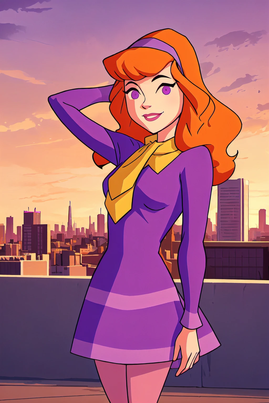 dbv1, orange hair, hairband, purple dress, short dress, pink pantyhose, purple eyes, 1girl, cowboy shot, smile, looking at viewer, city background, arms behind head, <lora:DaphneBlake-step00001900:1.0>