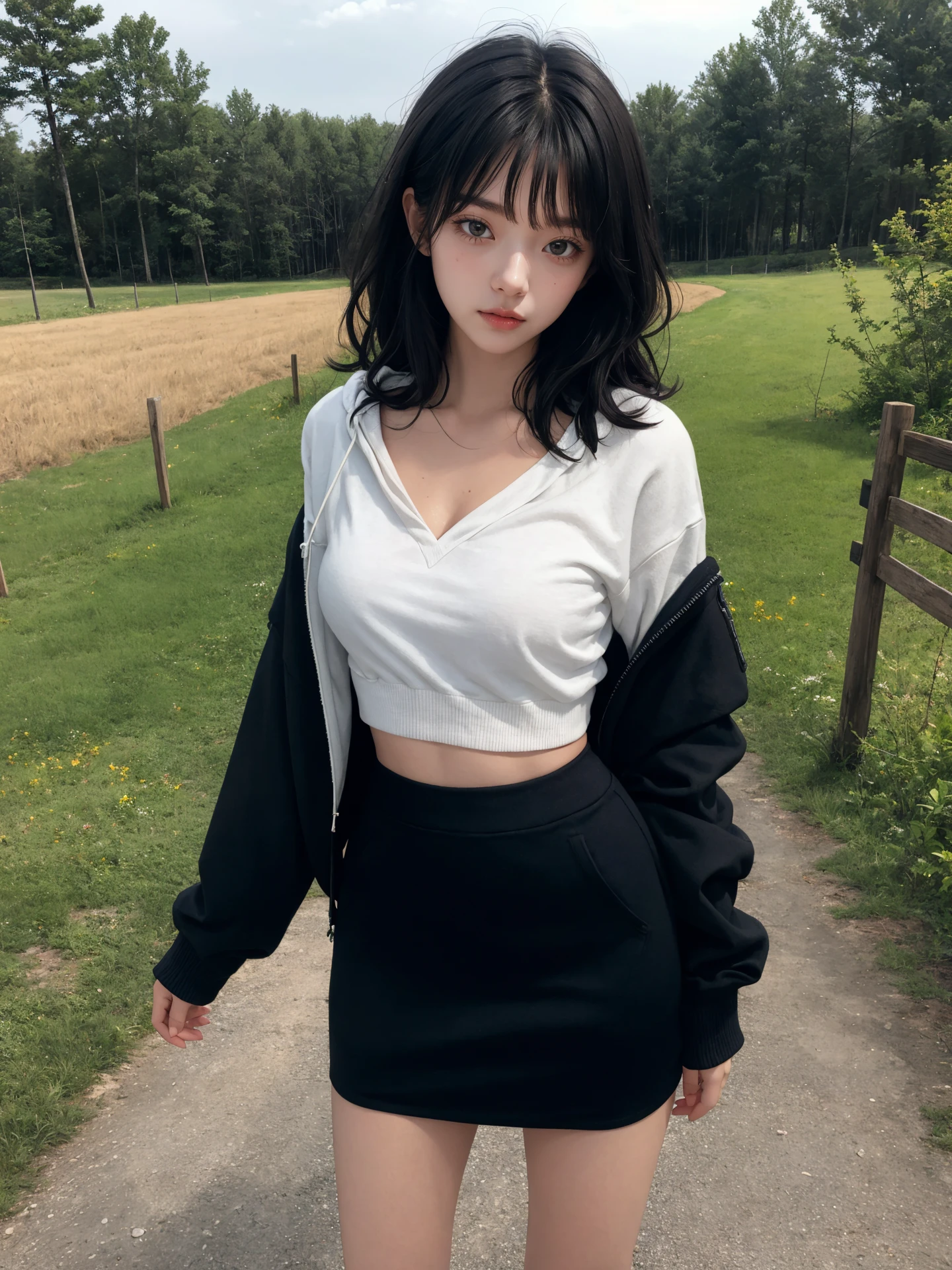 (masterpiece:1.4), (best quality:1.4), (absurdres), (detailed background:1.2), (looking at viewer), (character on center),
(cowboy shot), (outdoors), country side,night,standing,
(medium breasts), 1girl,
(shiny skin:1.4), (alive skin:1.2), (pale skin), (natural wavy:0.8~1.2), (no bangs), medium hair, (black hair),
bare legs, hoodie with pencil skirt,
shy face,