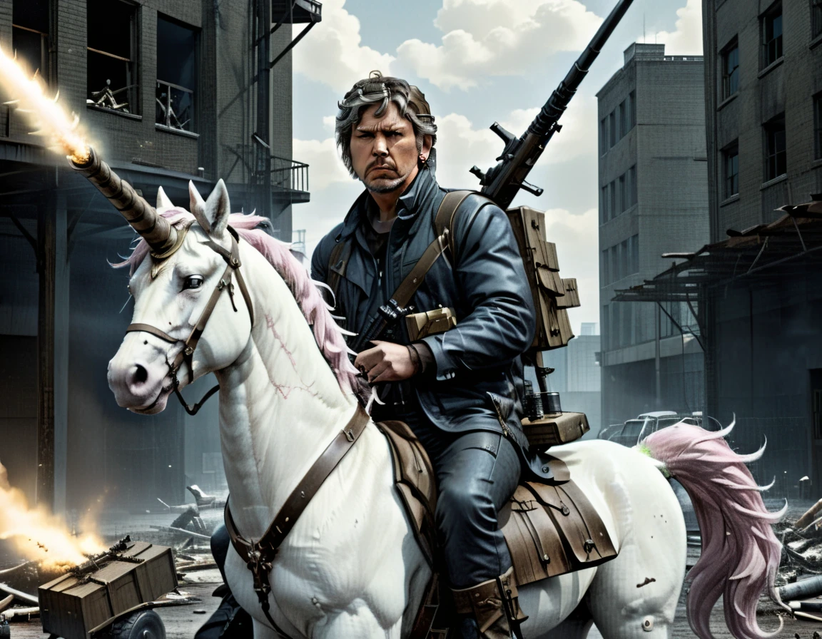 Dystopian style, <lora:Bronson:0.9> A man riding on a unicorn that has a firing Browning machine gun barrel instead of a horn, Bleak, post-apocalyptic, somber, dramatic, highly detailed
