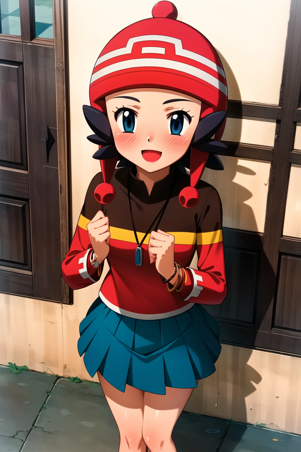 Masterpiece, carlita, 1girl, blue eyes, skirt, blue skirt, black hair, hat, jewelery, standing, bracelet, red headwear, blush, from above, smile, open mouth <lora:carlita:1> <lora:more_details:0.3>