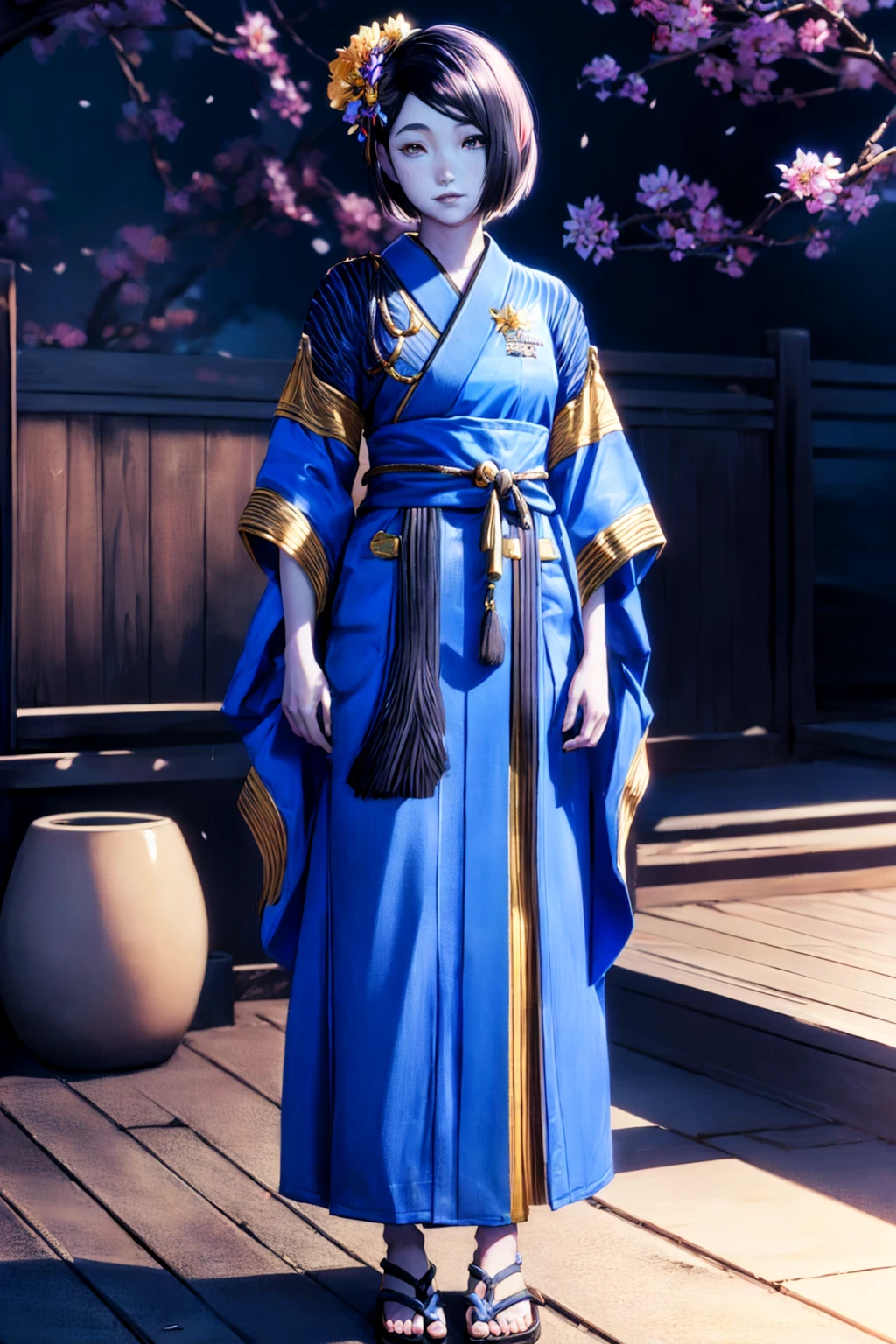 realistic, best quality, 8k uhd, dslr, soft lighting, high quality, <lora:Nikki_Gold_GOTGv1.0:0.8> nikkigotg, blue skin, (black hair), 1girl, solo,looking at viewer, short hair, japanese clothing, yakata, kimono, sandals, hair ornament, flower in hair, full body