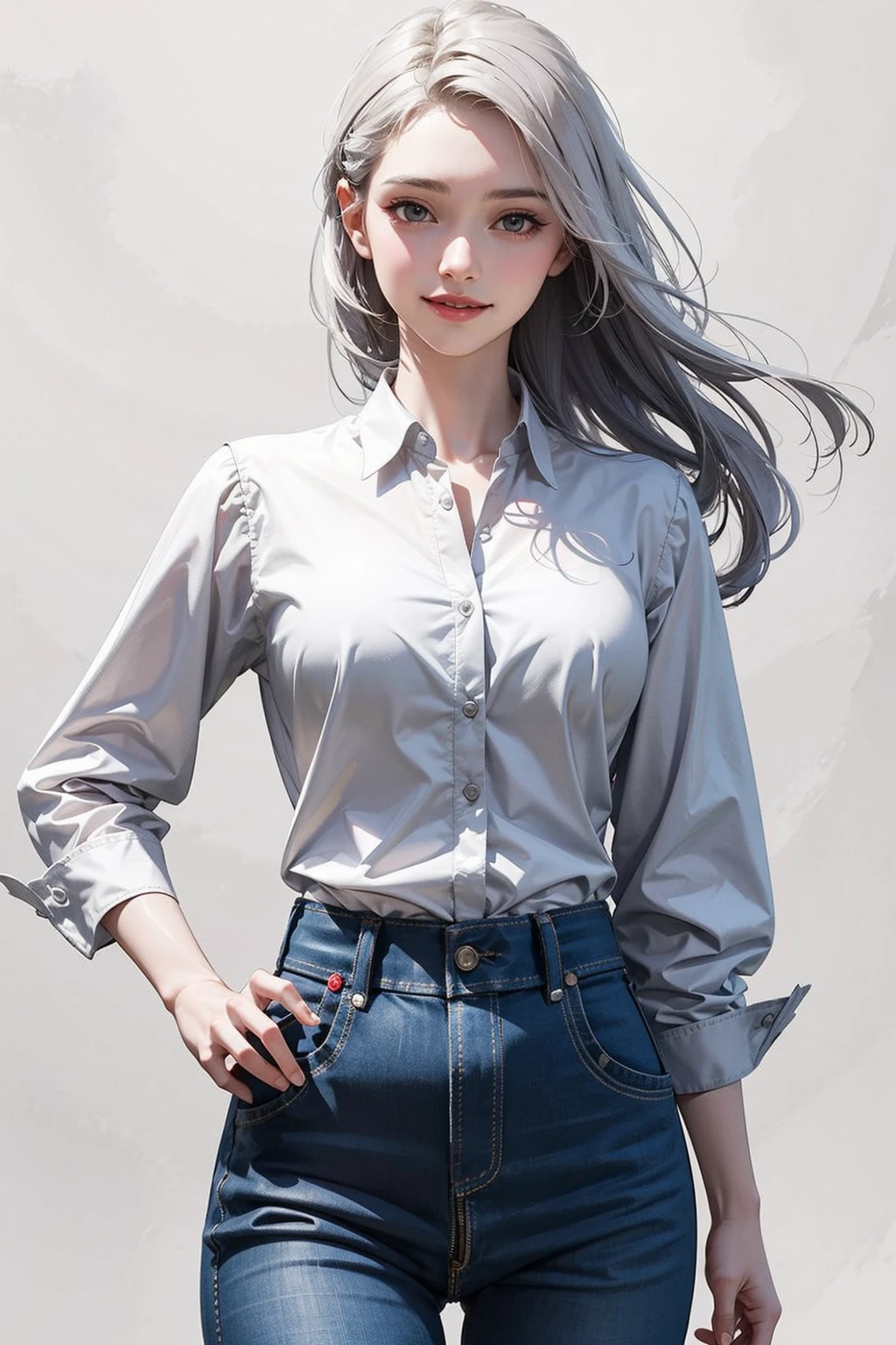 1girl,adult,pale_skin,skinny,oval face,grey hair,long hair,makeup,medium breasts,narrow_waist,white_shirt,long_coat,smile,standing,hands_on_hips,cowboy_shot,simple background,white background,, (masterpiece:1.3), (best quality:1.3),