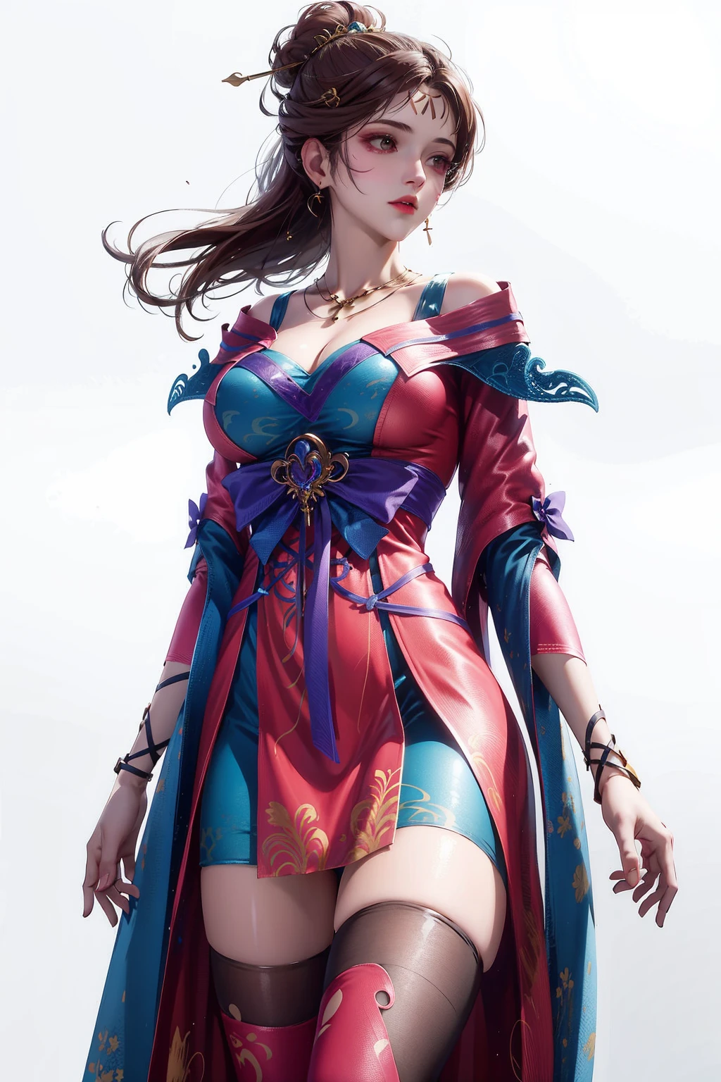 1girl,dress,solo,thighhighs,brown hair,large breasts,jewelry,hair ornament,necklace,facial mark,simple background,white background,<lora:Yu SanNiang:0.85>,, (masterpiece:1.3), (best quality:1.3),