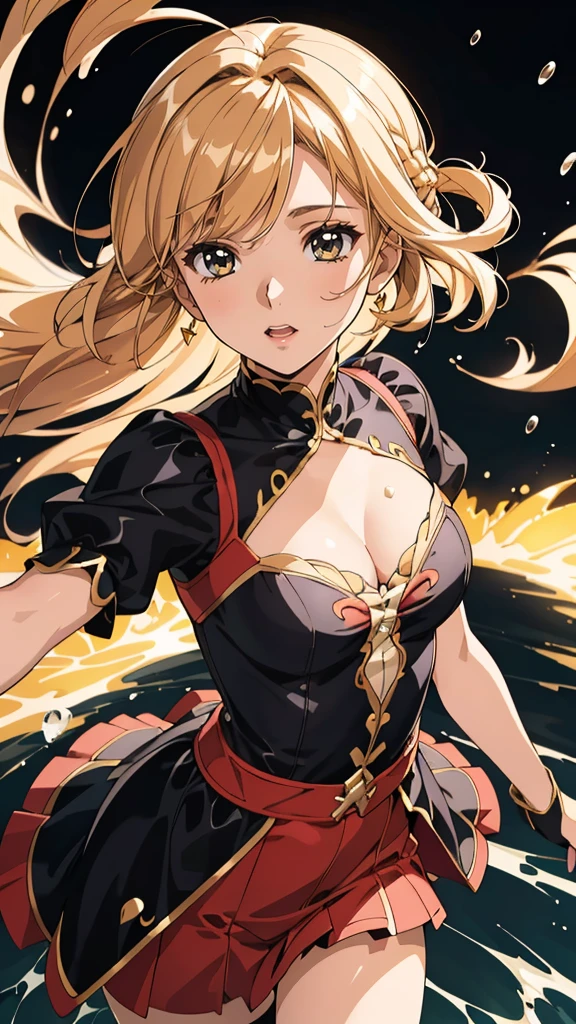(masterpiece, best quality, highres:1.2), (intricate and beautiful:1.2), (detailed light:1.2), (colorful, dynamic angle), 1 young cute girl, illustration, cover art, (black:1.2), portraitcoral background, splash, fashion photography, flirting with POV, dynamic pose, soft light passing through hair, (official art), (cinematic),