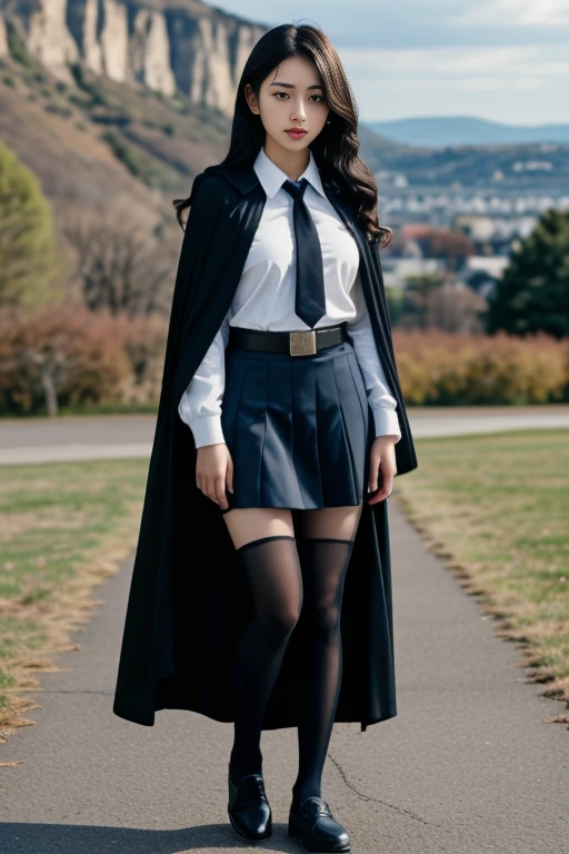 realistic, masterpiece, high detailed skin, looking at viewer, full body shot, scenic view, long hair, black hair
school uniform, long sleeves, black cape, black necktie, wing collar, shirt, belt, skirt, pantyhose, loafers <lora:Black_School_Dress_By_Stable_Yogi:1>