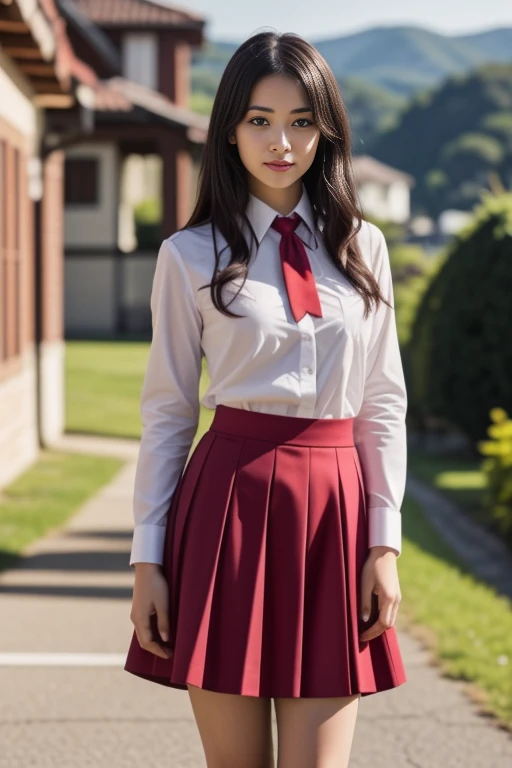 1 woman, 22yo, realistic, masterpiece, high detailed skin, looking at viewer, full body shot, scenic view, long hair, black hair
school uniform, stripped shirt, red skirt, red neck ribbon <lora:R&W_School_Dress_By_Stable_Yogi:1>