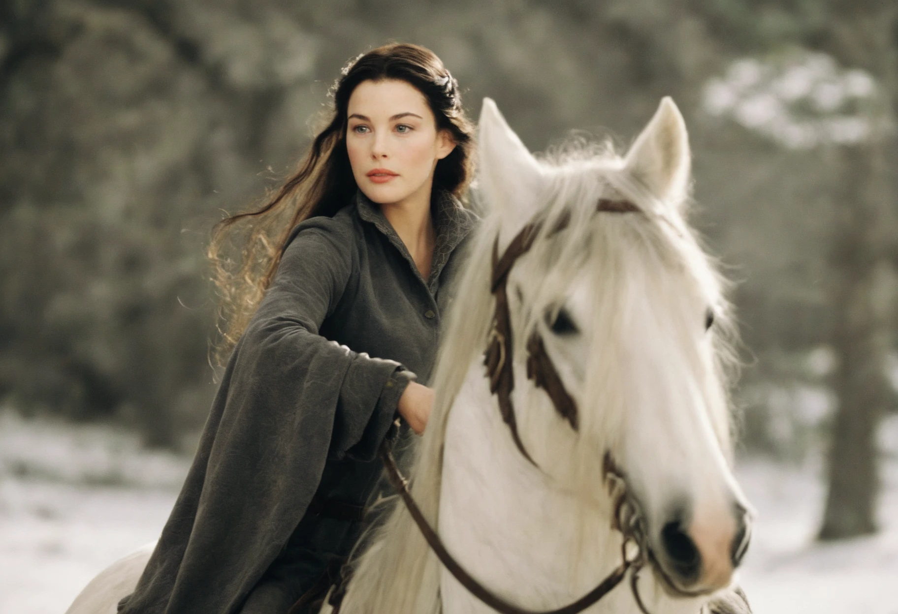 stunning photo of liv_arwen racing on a white horse, galloping, (pointed ears:0.7), ethereal elven beauty, <lora:arwen_prodigy_sdxl_3300:0.75>