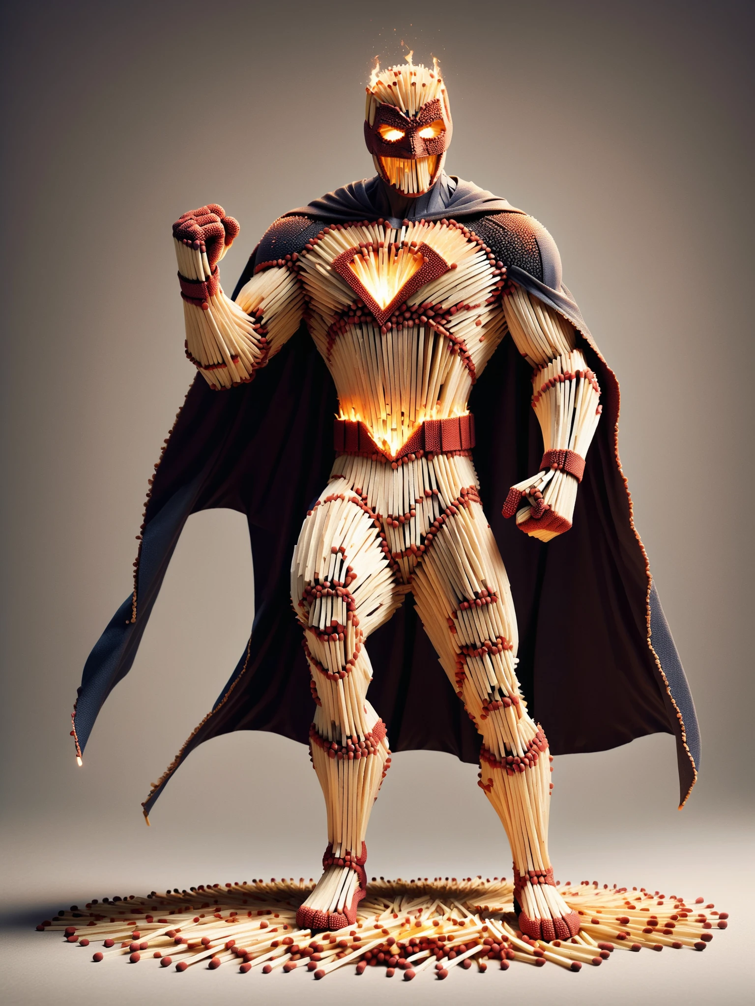 A comic superhero, with a cape and mask, striking a heroic pose, humorously made entirely out of ais-matches <lora:Matches_Style_SDXL:1>