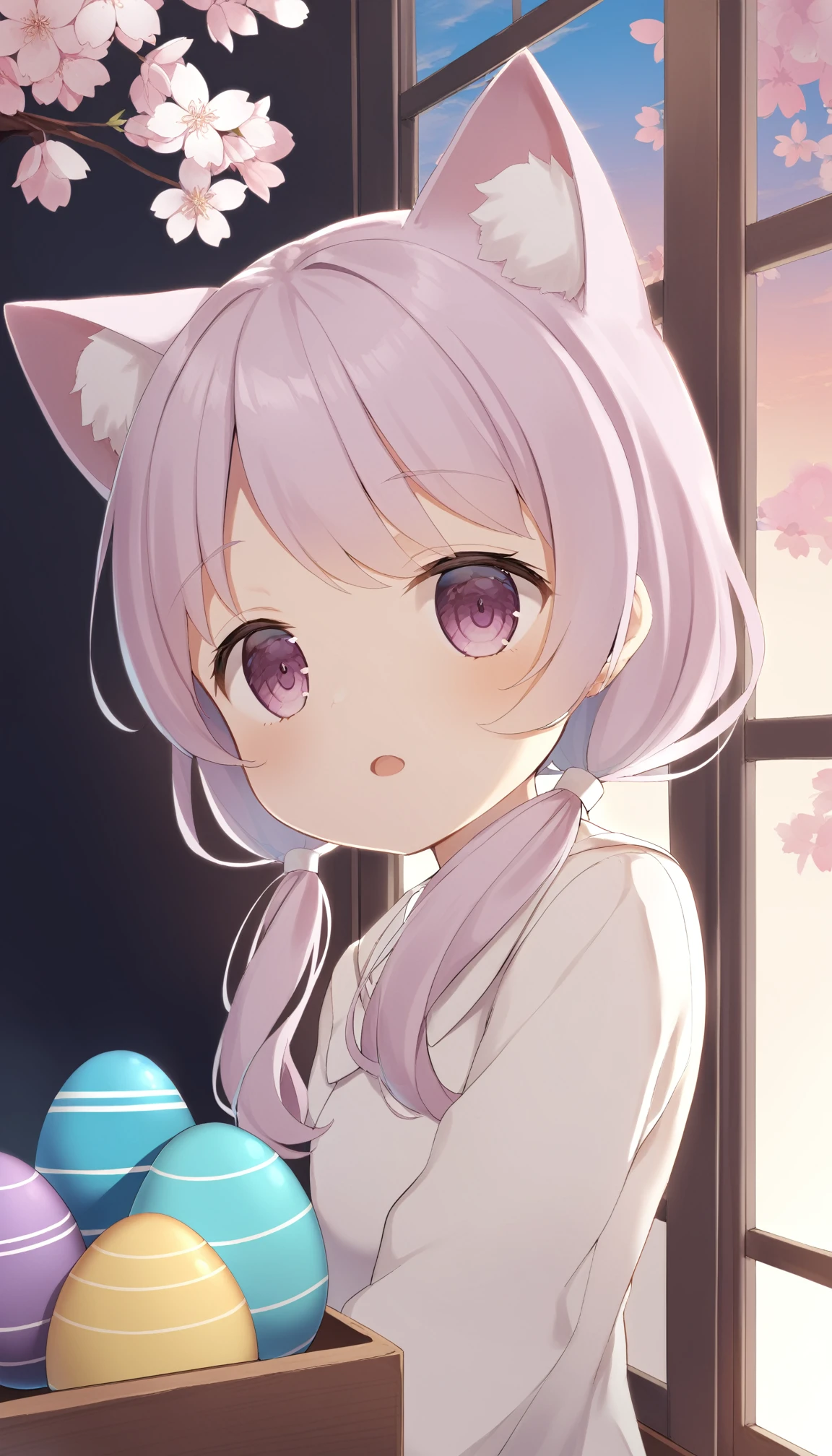 1girl, child, long hair, low twintails, fuzzy twintails, light purple hair, cat ears, animal ear fluff, blind eyes, bedroom, window, cherry blossoms, spring,sakura trees,flowers,easter eggs, dusk, portrait, upper body