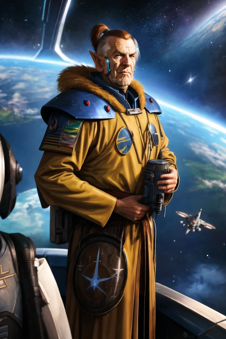 1boy,  old man,  long face,  aeldari,  robe,  above waist,  elf,  stern,  long brown hair,  full armor,  facial markings,  from side,  looking out the spaceship window with stars behind it,  sci-fi,  best quality, aeldari, <lora:eldarG:0.7>