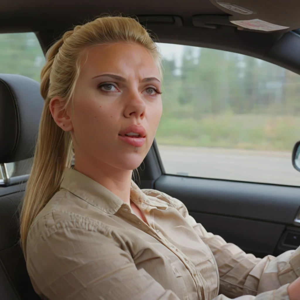 scarlettjohansson, blonde, ponytail, driving in a car, half body shot <lora:scarlettjohansson:1>