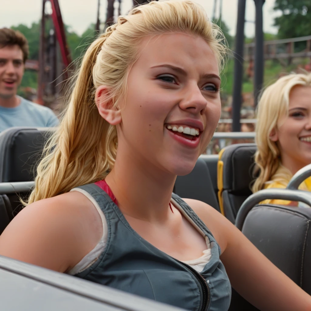 scarlettjohansson, blonde, ponytail, half body shot, on a rollercoaster, smiling <lora:scarlettjohansson:1>