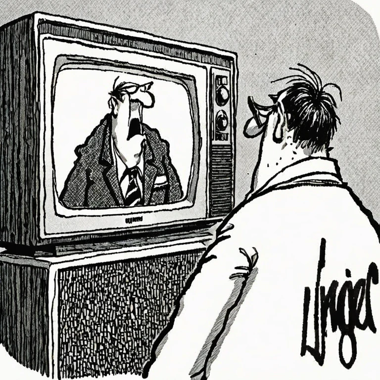 a black and white newspaper comic illustration of Herman, a cartoon of a man holding watching television by Jim Unger <lora:Herman_Style_XL:1>