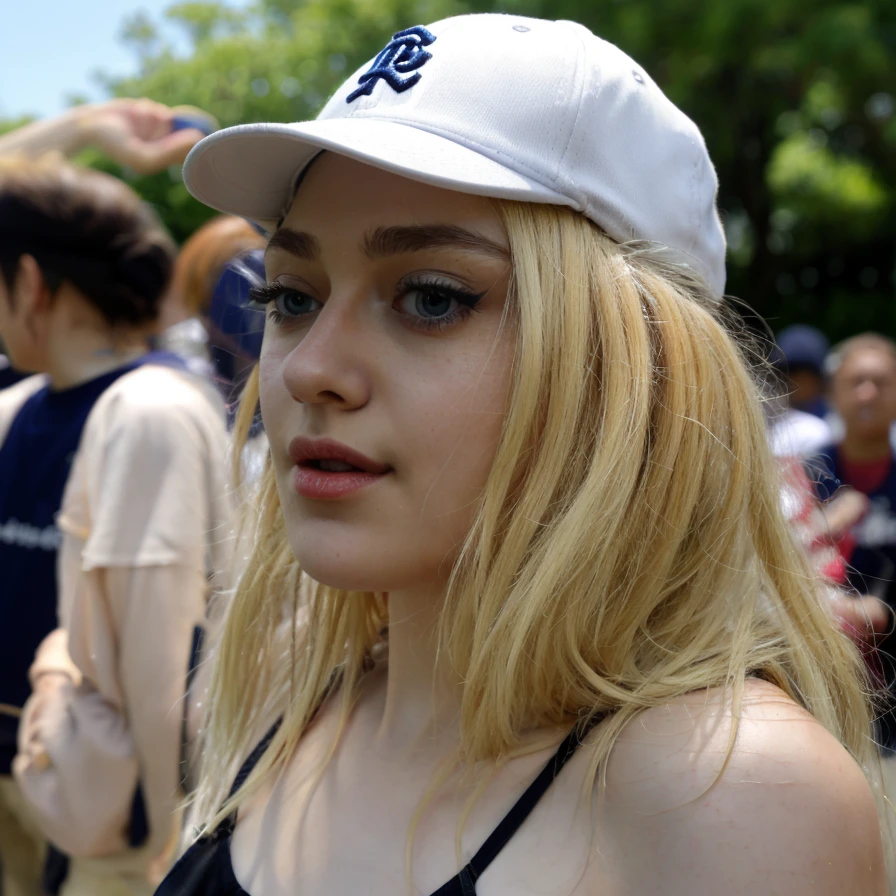 a beautiful picture of dak0ta, masterpiece, blonde hair, photorealistic, 1girl, 4k, HDR, backlighting, light, RAW color photo, (fully in frame:1.1), blue eyes, detailed skin texture, (blush:0.5), (goosebumps:0.5) ,wearing a baseball cap, <lora:dak0ta:1>