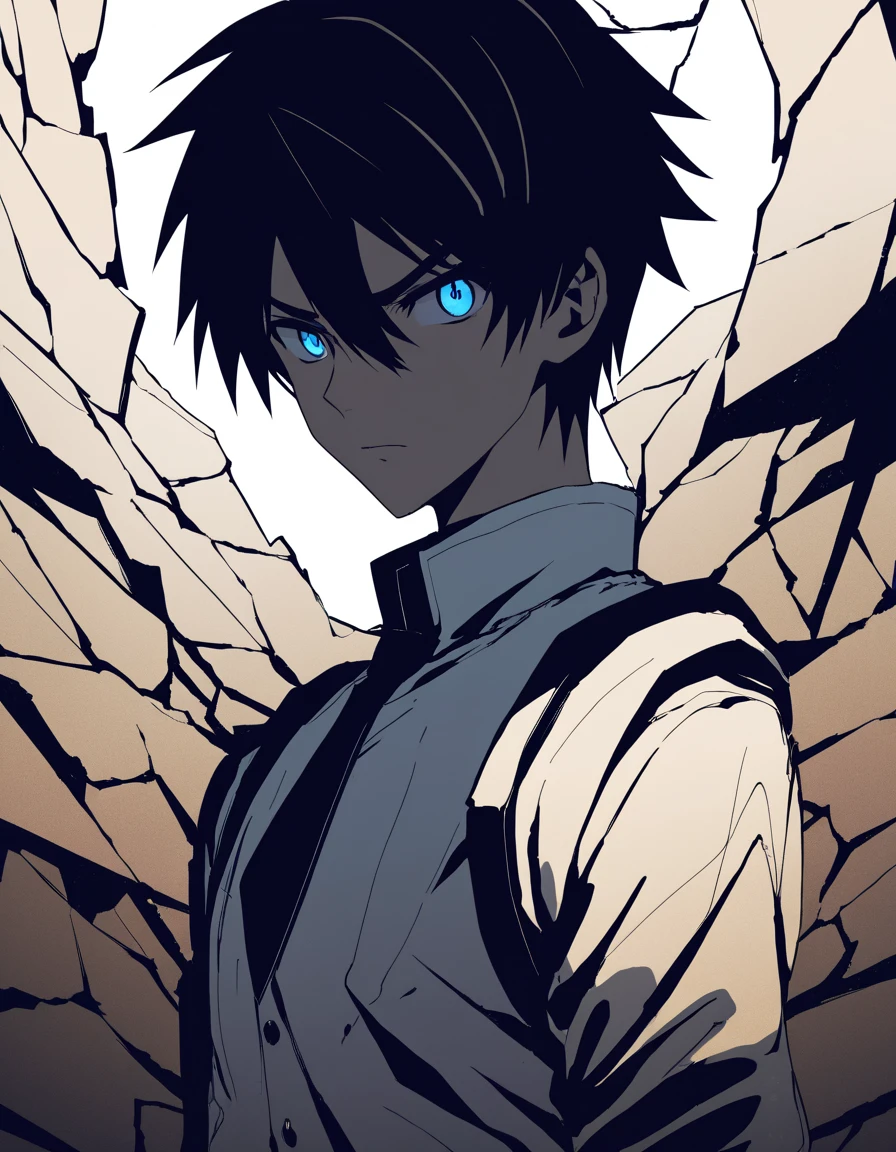 Half-face view of anime character, (sharp blue eye:1.3), (brown spiky hair:1.1), serious expression, (cracked earth background:1.2), metal rods protruding from cracks, high contrast shading, vintage anime style, (tense atmosphere:1.2), bold lines, character partially in shadow, dramatic tension.
