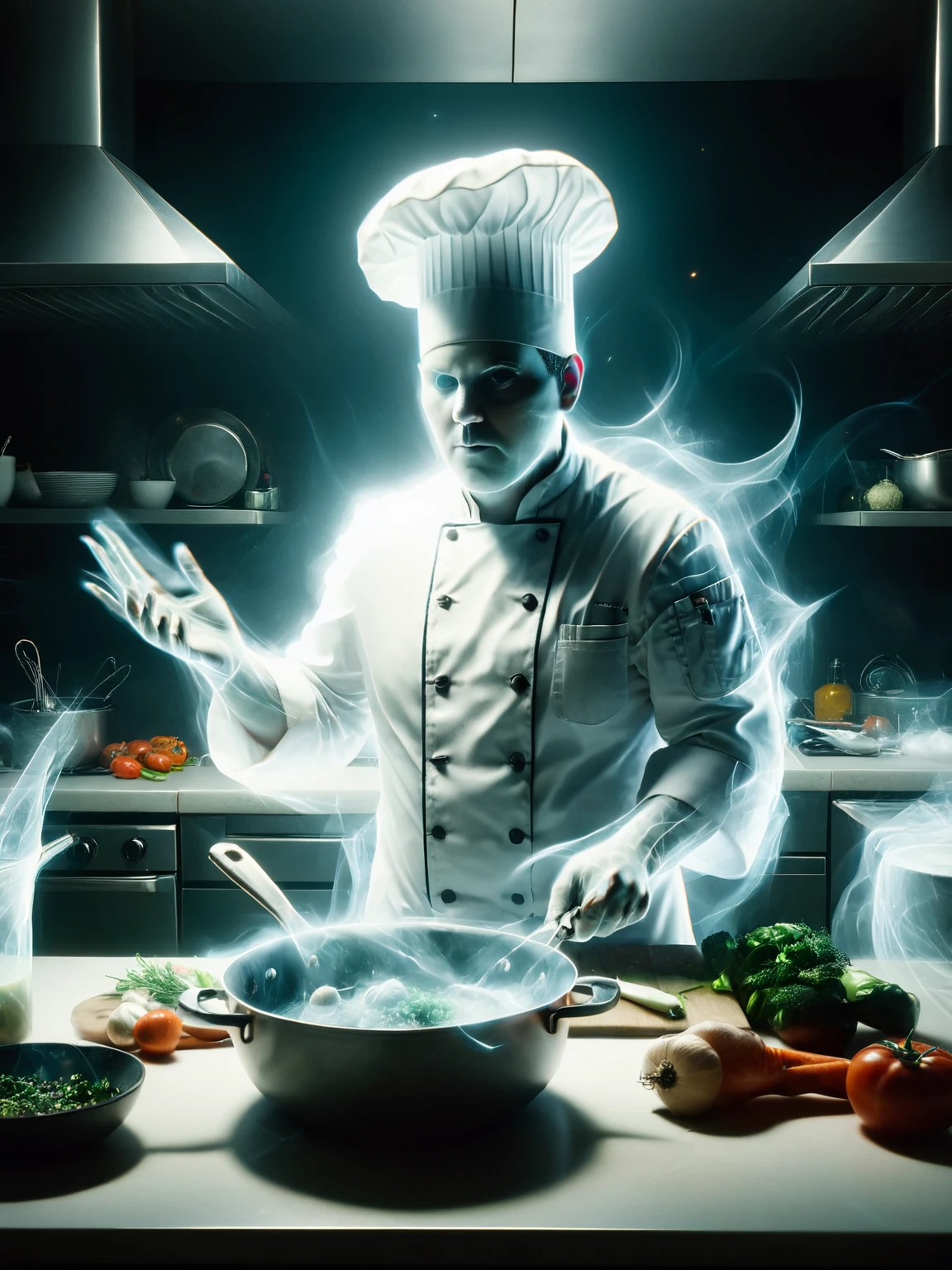 ais-ghostly chef cooking a meal, but all the ingredients are floating eerily around the kitchen <lora:Ghostly_Style_SDXL:1>