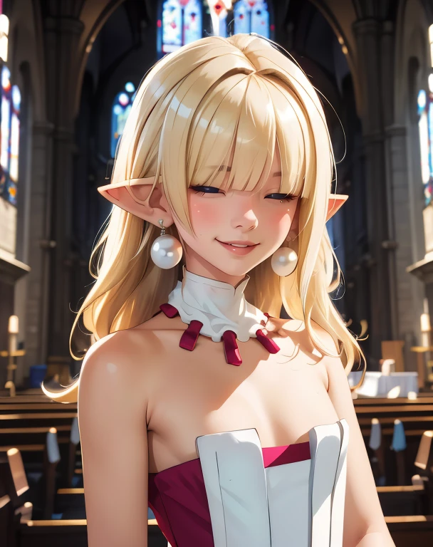 Clergy,pointy ears,hair over eyes,blonde hair,flat chest,smile,long hair,
bare shoulders,white strapless dress,pearl earrings,
standing, upper body,
church,underworld,
(insanely detailed, beautiful detailed face, masterpiece, best quality),solo,<lora:Clergy-10Dv8:0.8>,