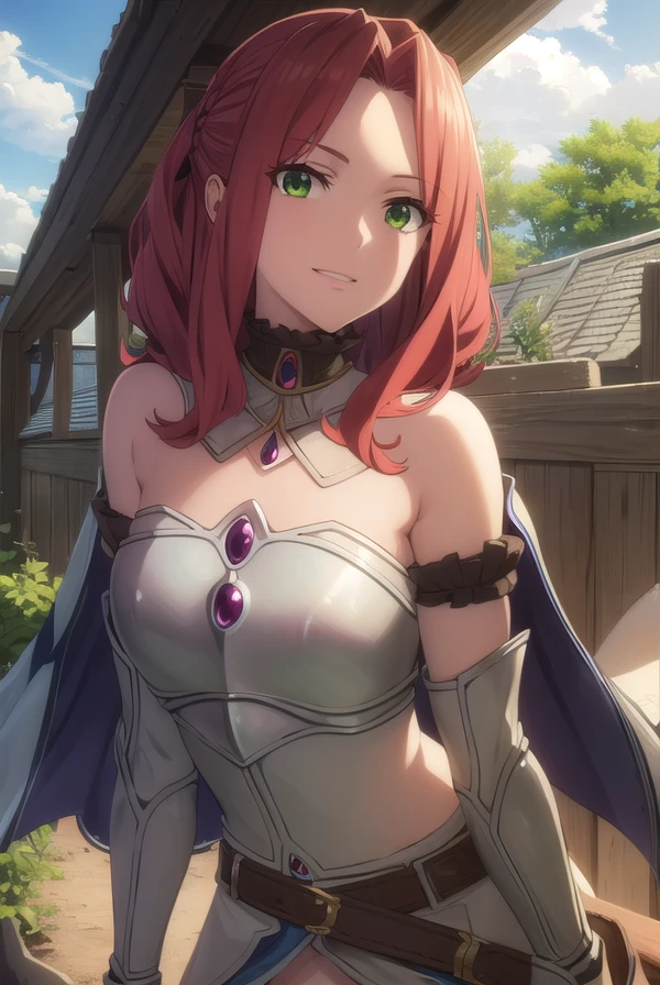 maltymelromarc, <lora:malty melromarc s1s2s3-lora-nochekaiser:1>,
malty melromarc, long hair, (green eyes:1.3), red hair, (parted bangs:1.5), ponytail, smile, grin,
BREAK bare shoulders, belt, cape, armor, breastplate,
BREAK outdoors, forest, nature, sky, sun, clouds,
BREAK looking at viewer, (cowboy shot:1.5),
BREAK <lyco:GoodHands-beta2:1>, (masterpiece:1.2), best quality, high resolution, unity 8k wallpaper, (illustration:0.8), (beautiful detailed eyes:1.6), extremely detailed face, perfect lighting, extremely detailed CG, (perfect hands, perfect anatomy),