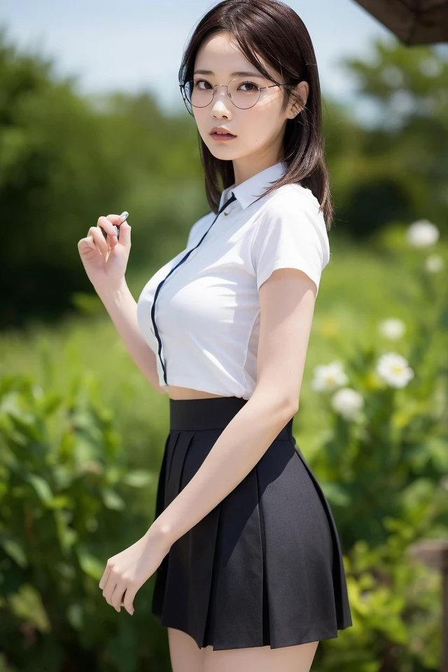 1girl,best quality,masterpiece,illustration,an extremely delicate and beautiful,CG,unity,8k wallpaper,Amazing,finely detail,masterpiece,official art,extremely detailed CG unity 8k wallpaper,incredibly absurdres,huge filesize,ultra-detailed,highres,extremely detailed,beautiful detailed girl,realistic,full frontal,outdoors,ooarai school uniform,black skirt,<lora:Himeka Araya:0.8>,
