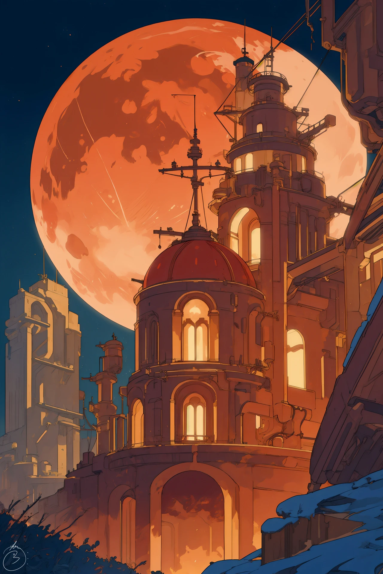 ((masterpiece, best quality)), concept, building, machinery, high fantasy, red, darkred, gold, yellow, moon, night, very coherent symmetrical artwork, 80s style, thick line