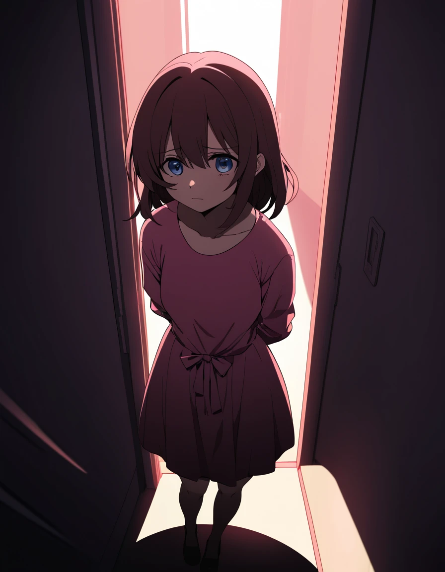Anime girl with (curly brown hair:1.1), blue eyes, (worried expression:1.2), pink long-sleeve shirt, dark jumper dress, standing in (doorway light:1.3), shadowed surroundings, high contrast between light and dark, (indoor setting:1.1), subtle highlights on hair, (emotive scene:1.2), soft shading, overhead perspective.
