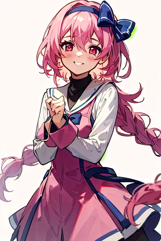 ast_dina, hair ribbon, braids, 1girl, solo, hairband, long hair, blush, bow, pink eyes, hairband, pink dress, smile, simple background