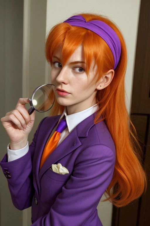 dbv1, orange hair, hairband, wearing a purple suit, holding a magnifying glass looking for clues