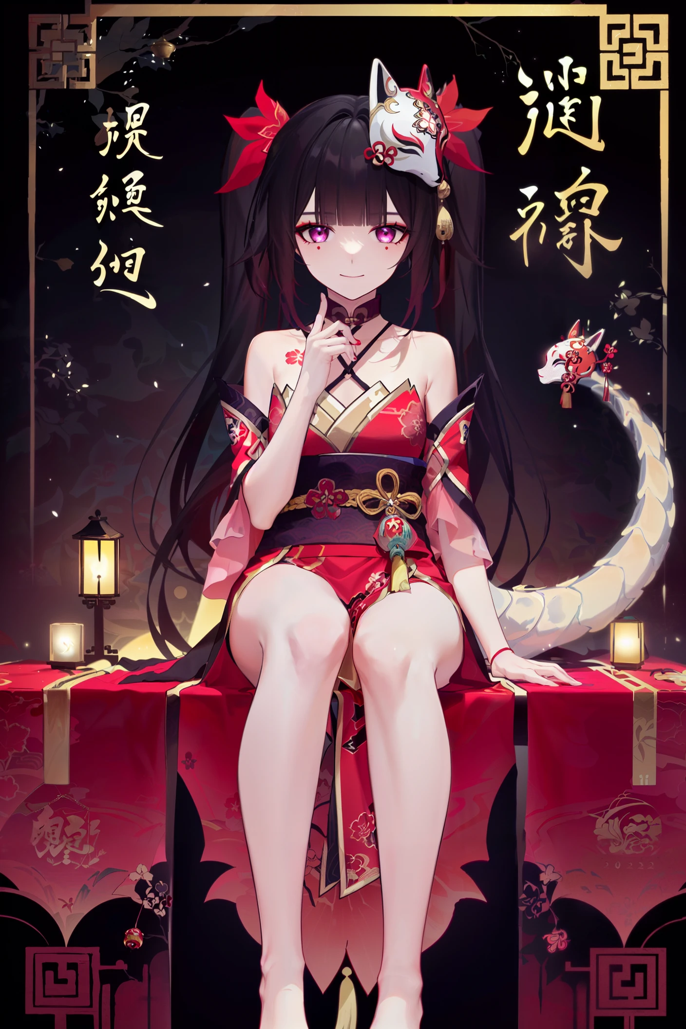 (hyper cute girl:1.1025), (flat color, vector art:1.3401), Chinese dragon theme, beautiful detailed eyes, hyper-detailed, hyper quality, eye-beautifully color, face, (her hair is shaped like a Chinese dragon, Chinese dragon, hair, Chinese dragon:1.2763), (1girl:1.2155), (high details, high quality:1.1576), (backlight:1.1576), high quality, (title:happy new year 2024:1.3), (cover design:1.2), simple background, cover art, trim, album_art,
/, /, /, /, /, /, /,
1girl, (chibi), <lora:huahuo-v100-000029:0.8:lbw=OUTALL>, huahuo, 1girl, single_glove, mask on head,  sash, black hair, twintails, purple eyes, obi, fox mask, single glove, japanese clothes, (Cherry blossom tattoo, chest tattoo:1.1),
/, /, /, /,
(((holding a little Chinese dragon))), (((sitting, Chinese dragon on legs))), [[smile]], large breast, dragon, (((Chinese dragon print))), (Loong:1.2), pajamas, kimono, bare shoulders,
/, /, /, /, /, /,
(Chinese text:1.3), (Chinese text æ°å¹´å¿«ä¹:1.3), chinese Greetings, red_bandeau, year of the loong, loong pattern, lantern, red background, ((simple background)), ((happy new year 2024, new year theme, new year, 2024, gift box,)), (red decorations on dragon), ((Chinese new year)), Chinese knot, red ornaments, spring festival,
/, /, /, /, /, /, /,
hair with body, CTA dress, CAY leg, Loong hands, body with Loong, dress with Loong, light particles, (Hair with Loong:1.2155), small breast with Loong, 1girl, small breast, marbling with hair and clothes, (original:1.1025), (arm down:1.1025), (paper cutting:1.1025),
------,
Low saturation, grand masterpiece, Perfect composition, film light, light art