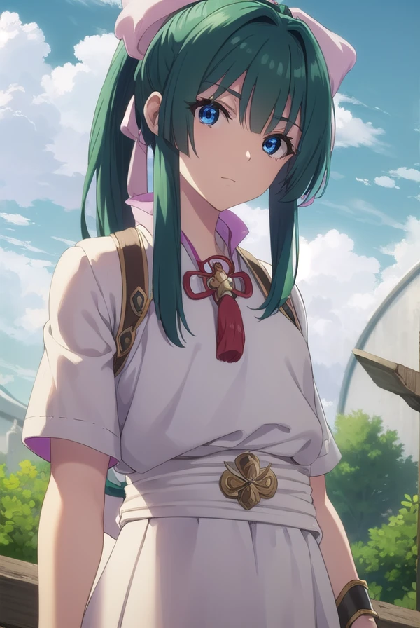 yomogiemarl, <lora:yomogi emarl s2-lora-nochekaiser:1>,
yomogi emarl, long hair, bangs, blue eyes, hair ornament, bow, hair bow, ponytail, green hair, hair intakes,
BREAK skirt, japanese clothes, hakama, hakama skirt,
BREAK outdoors, forest, nature, sky, sun, clouds,
BREAK looking at viewer, (cowboy shot:1.5),
BREAK <lyco:GoodHands-beta2:1>, (masterpiece:1.2), best quality, high resolution, unity 8k wallpaper, (illustration:0.8), (beautiful detailed eyes:1.6), extremely detailed face, perfect lighting, extremely detailed CG, (perfect hands, perfect anatomy),