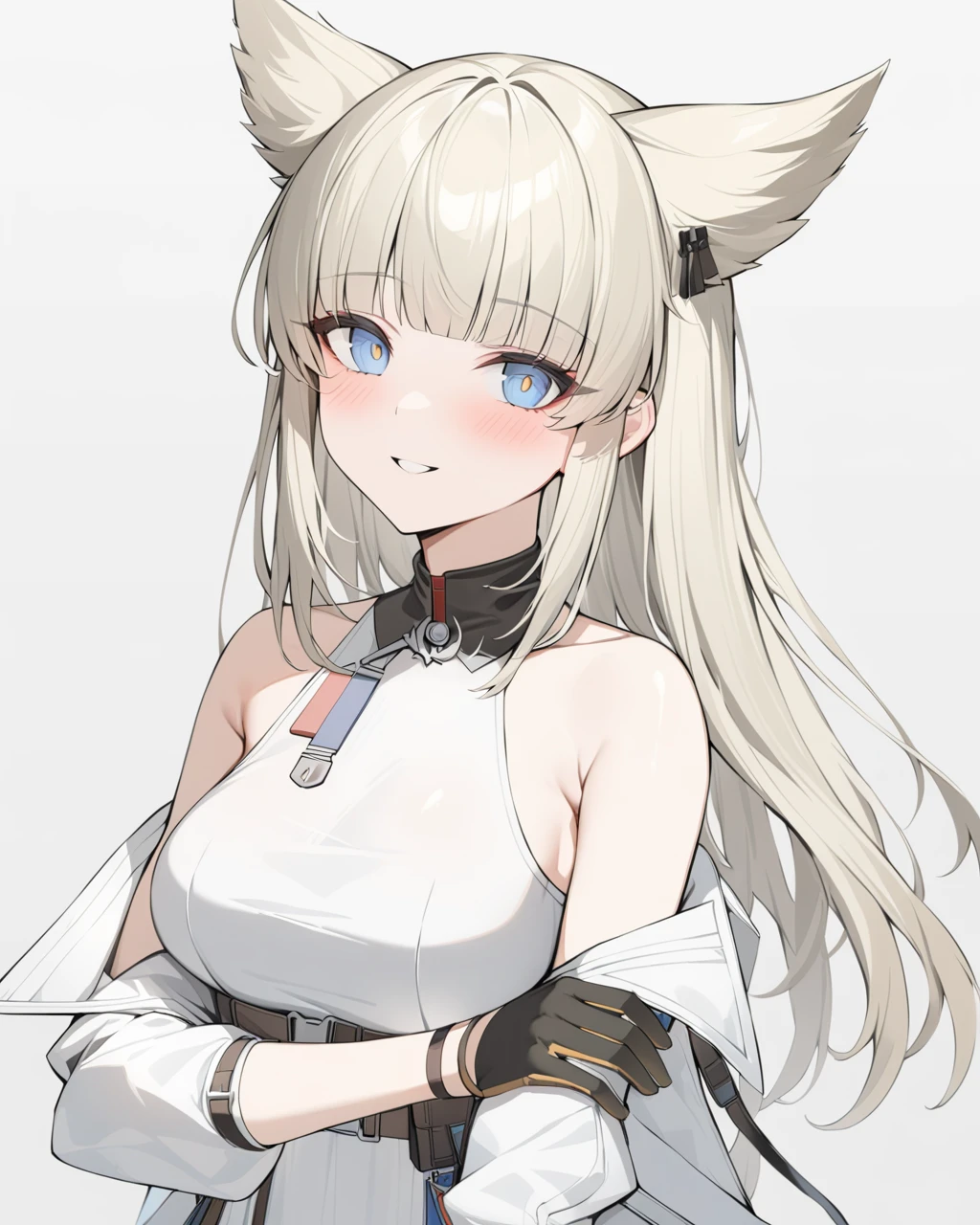 masterpiece, best quality, <lora:perlica:1>ï¼1girl, solo, bare_shoulders, blue_eyes, dress, black_gloves, gloves, long_hair, looking_at_viewer, breasts, white_dress, bangs, parted_lips, open_jacket, animal_ears, simple_background, jacket, upper_body, off_shoulder, open_clothes, grey_background, sleeveless_dress, white_jacket, blush, sleeveless, medium_breasts, blonde_hair, smile, blunt_bangs, white_background, half_gloves, blue_hair, multicolored_hair, hand_on_own_arm, long_sleeves