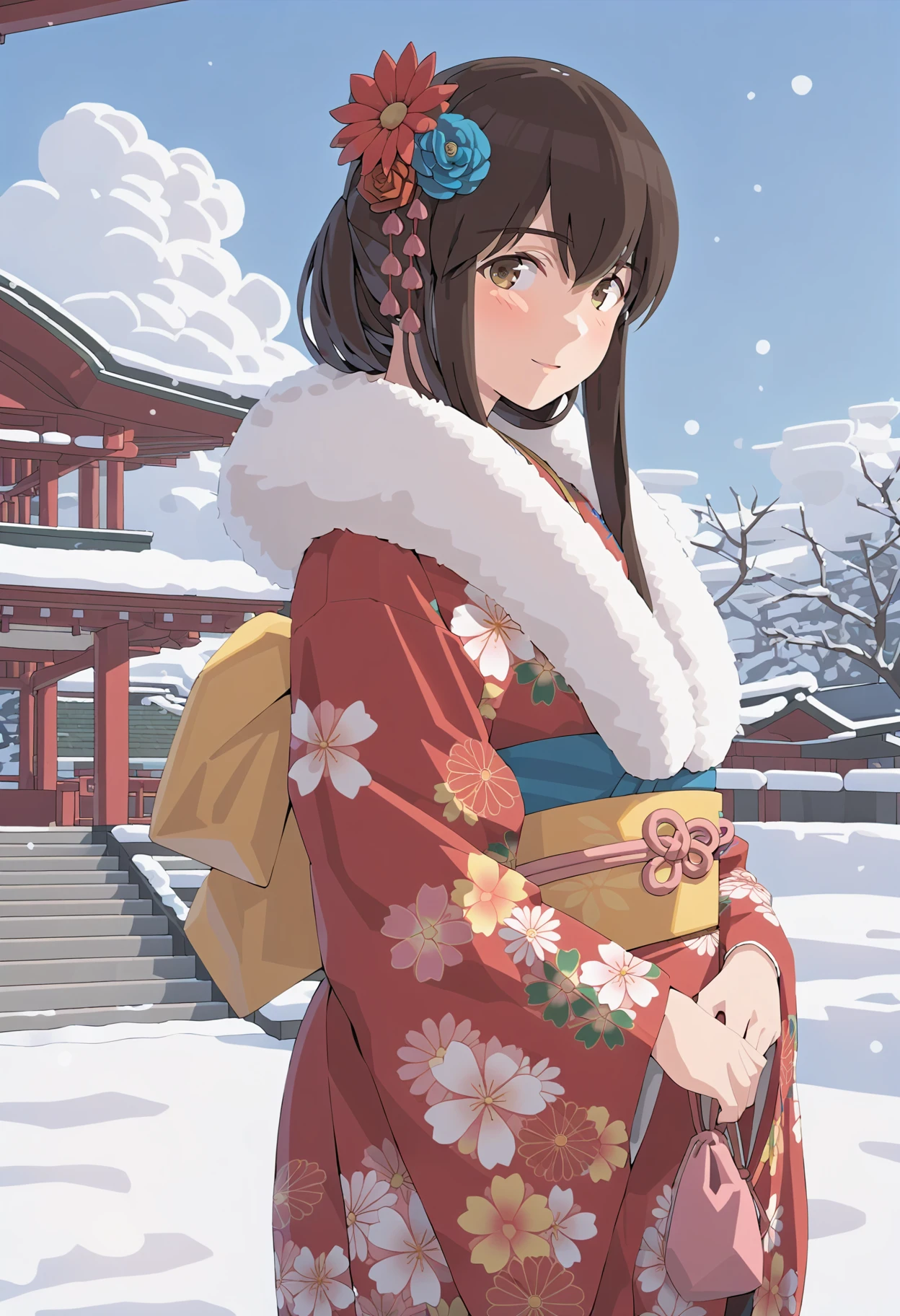 1girl, akagi \(kancolle\), kantai collection, (dd \(ijigendd\)), blush, light smile, hair up, ((pink pouch)) around wrist, red strap, cowboy shot, red kimono, obi, yellow bow, hair flower, furisode, hair ornament, floral print, print kimono, long sleeves, wide sleeves, breasts, brown eyes, looking at viewer, outdoors, snow, winter, fur trim, natural lighting, (masterpiece, best quality), detailed background, blue sky, white cloud, (3d render:0.5), highly detailed, finely detailed <lora:akagi_ny_animaginexl_2-10:0.8>
