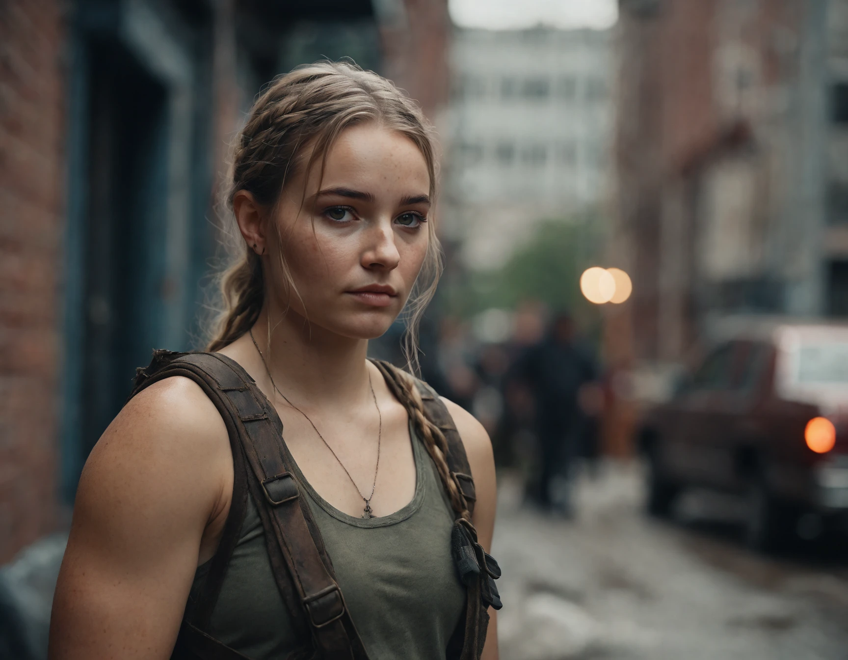cinematic film still (extremely muscular:1.5) ((ohwx woman)) as Abby in the Last of US part 2, long (braided:1.1) blond hair,  wearing her survival clothes, sleeveless shirt,  secretly watching away, town street background, muted colors, overgrown environment, post-apocalyptic <lora:kaitlyndever_dh128_v1:1.1> . shallow depth of field, vignette, highly detailed, high budget, bokeh, cinemascope, moody, epic, gorgeous, film grain, grainy
