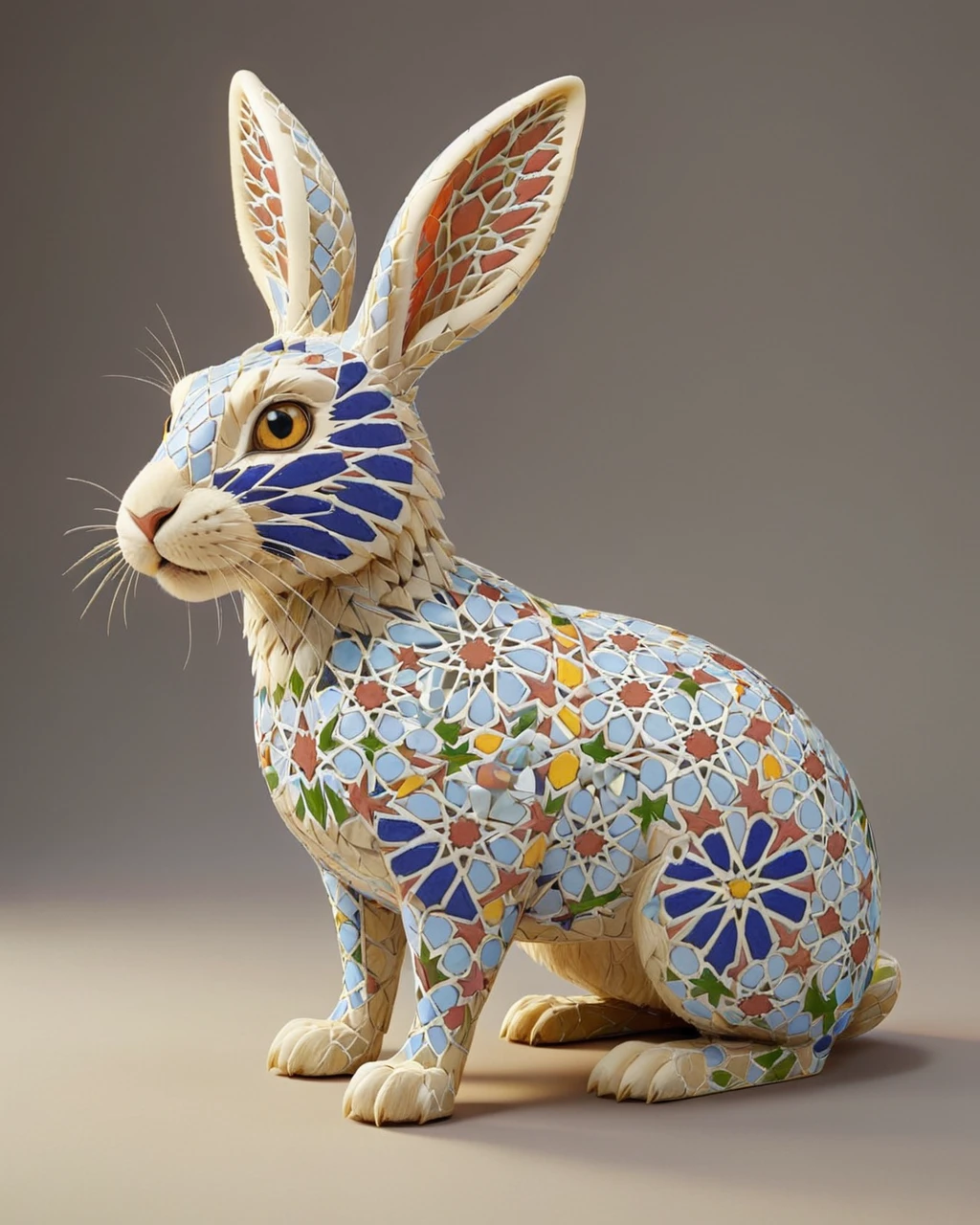 concept art, elegant, Ancient rabbit, side lit, 35mm, made of Moroccan mosaic print, <lora:Zellij:1.0> zlj-xl,