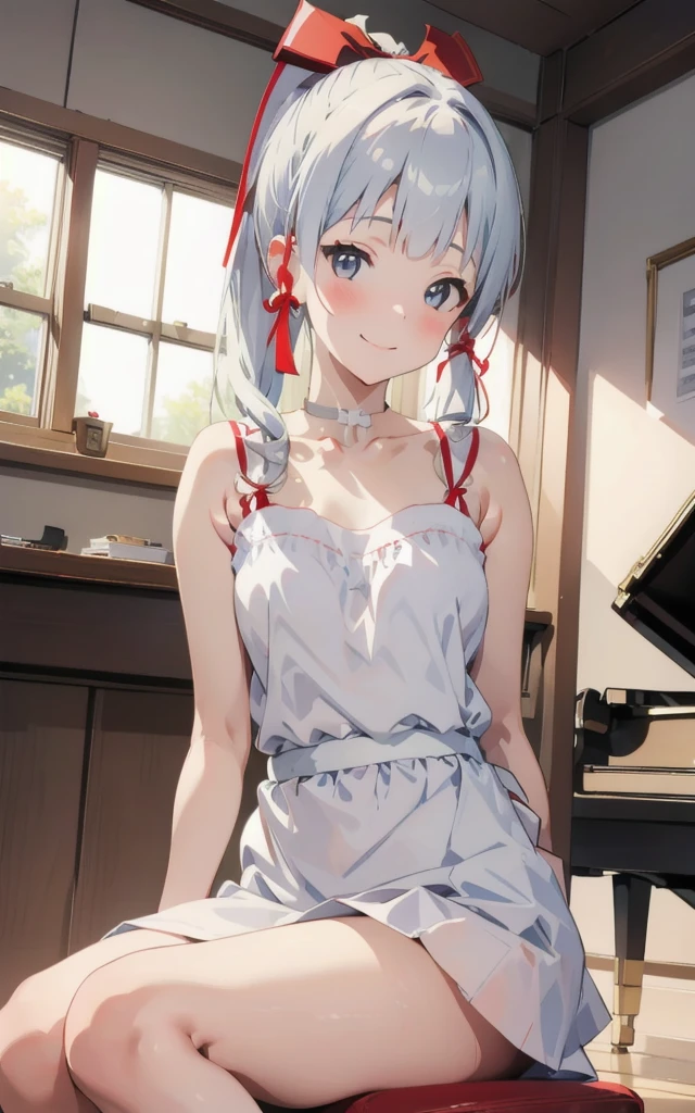 <lora:meinamix_ayaka_v2:0.8>, kamisato, smile, white dress, bare shoulders, bare legs, white underwear, red ribbon in mouth, sitting on the seat, indoor, window, piano