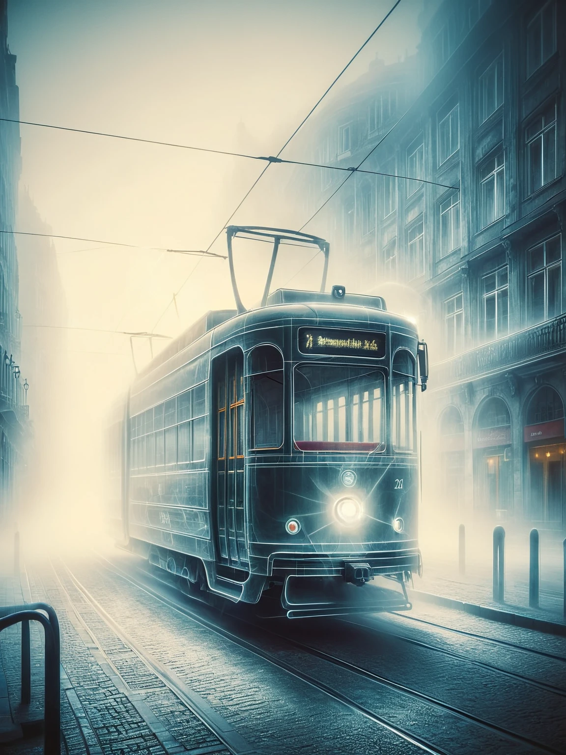 ais-ghostly tram gliding silently through a fog-covered, empty street in an old European city <lora:Ghostly_Style_SDXL:1>
