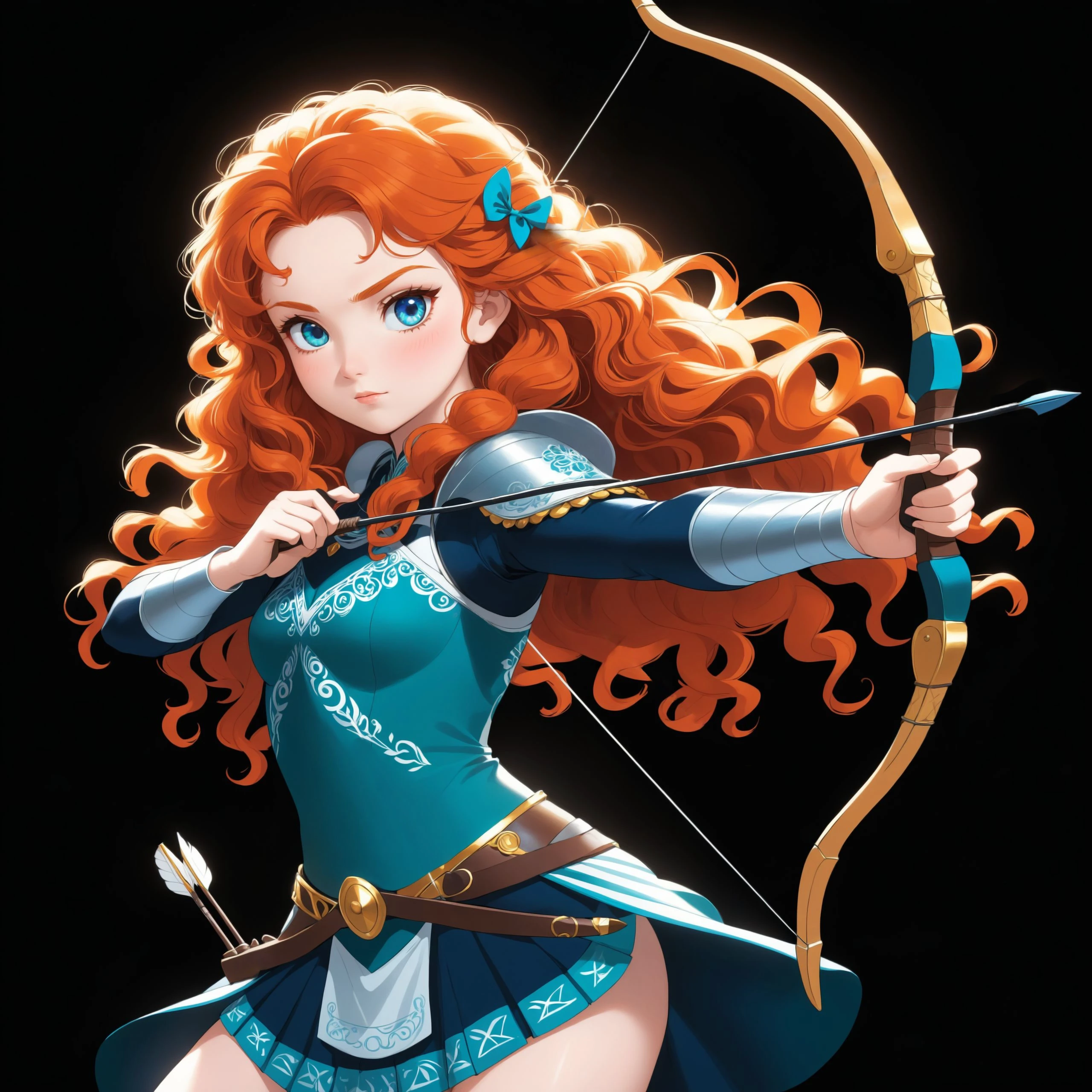 anime artwork princess merida , round face, white underglow, dark background, high quality, extreme detail, perfect drawing, ((in PrintDesign Style)) , (holding a bow and arrow quiver on her hip). . anime style, key visual, vibrant, studio anime, highly detailed