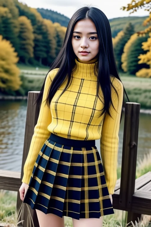 1 woman, 22yo, realistic, masterpiece, high detailed skin, looking at viewer, full body shot, scenic view, long hair, black hair
yellow plaid pleated miniskirt, yellow turtle neck sweater <lora:Yellow_Sweater_Skirt_By_Stable_Yogi:1>