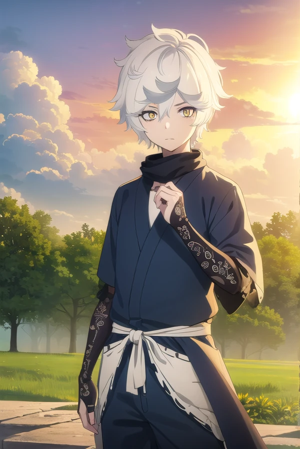 gabimaru, <lora:gabimaru s1-lora-nochekaiser:1>,
gabimaru, short hair, (yellow eyes:1.3), white hair, male focus,
BREAK japanese clothes, pants, sandals,
BREAK outdoors, forest, nature, sky, sun, clouds,
BREAK looking at viewer, (cowboy shot:1.5),
BREAK <lyco:GoodHands-beta2:1>, (masterpiece:1.2), best quality, high resolution, unity 8k wallpaper, (illustration:0.8), (beautiful detailed eyes:1.6), extremely detailed face, perfect lighting, extremely detailed CG, (perfect hands, perfect anatomy),