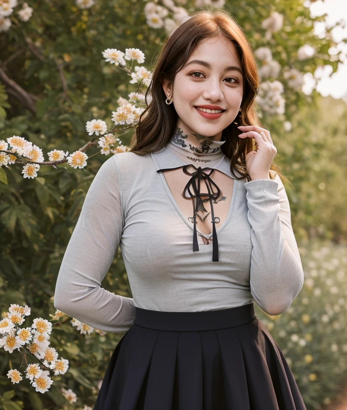 <1ts5t>, nature, upper body, Flowering, skirt, (dress, turtleneck, Shirt), close portrait photo, smile