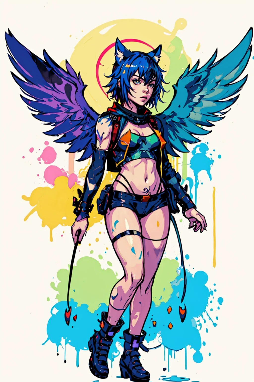 dskinkpunk, Inkpunk, Inked, ink splashes, f full body illustration of an angelic nekopara winged, colorful, profile picture, masterpiece, high definition, sfw, stylish, painting, colorful, profile picture, masterpiece, high definition, masterpiece, best quality, trending on artstation, intricate, colors, random dripping paint, splashes, Vaguely inspired by Gorillaz, FLCL, and Yoji Shinkawa, <lora:Duskfall_InkPunk:0.5>