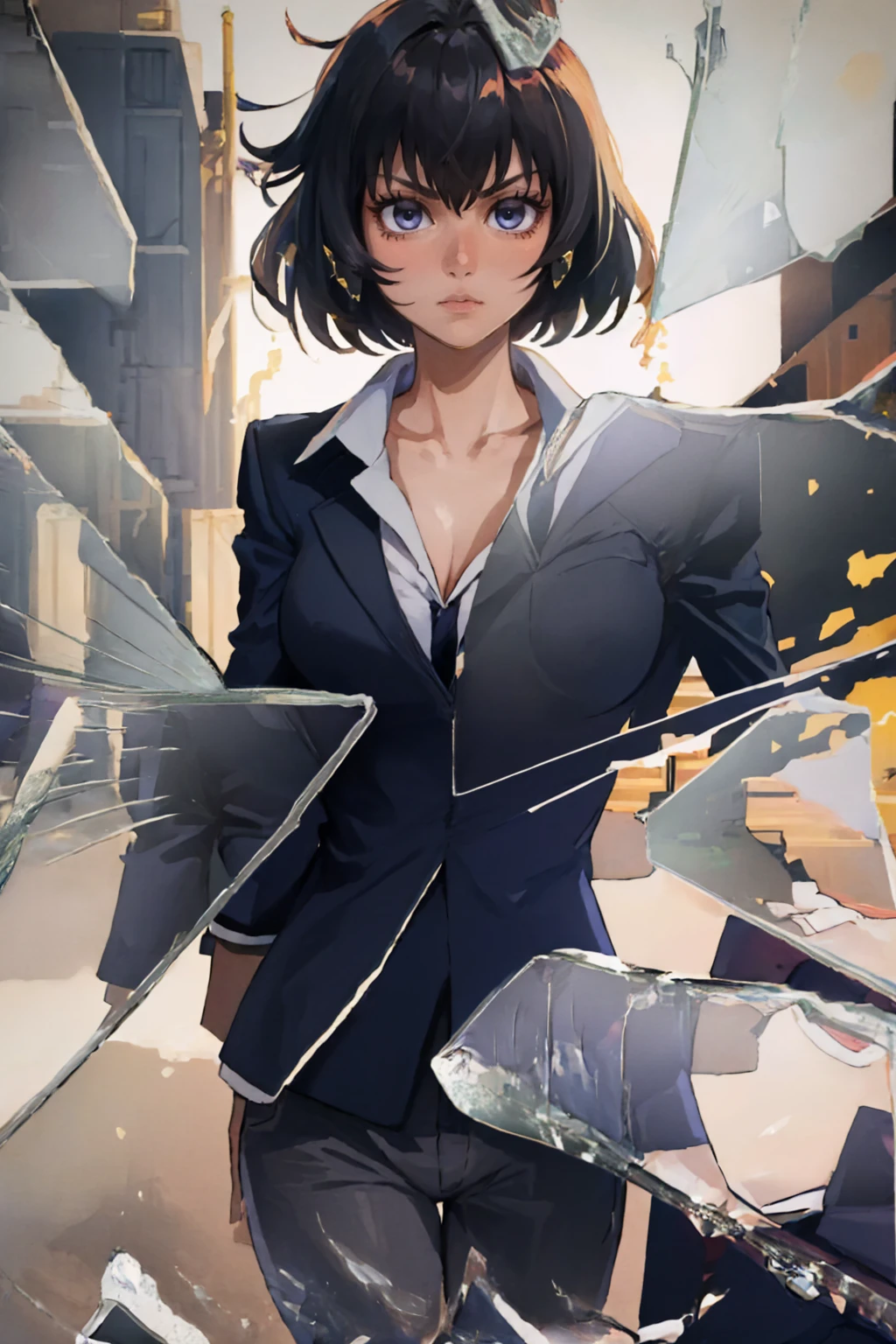 (masterpiece, best quality:1.2), IncrsBrknGls, broken glass, reflection, solo, 1girl, chainsumeragi, serious, looking at viewer, formal, suit, pants <lora:kekkaisensen_sumeragi-10:1> <lora:BrokenGlass:1>