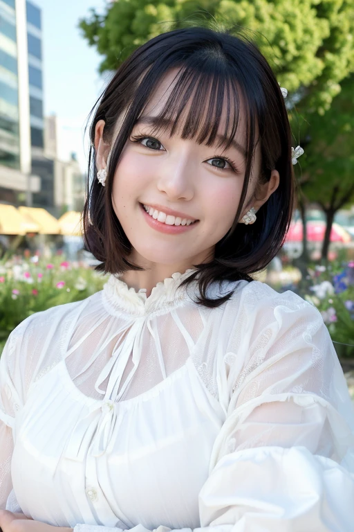 1girl, (white sheer blouse:1.6),(RAW photo, best quality), (realistic, photo-realistic:1.8), masterpiece, an extremely delicate and beautiful, extremely detailed, 2k wallpaper, Amazing, finely detail, extremely detailed CG unity 8k wallpaper, ultra-detailed, highres, soft light, beautiful detailed girl, extremely detailed eyes and face, beautiful detailed nose, beautiful detailed eyes,cinematic lighting,(in the city:2.0),perfect anatomy,(slender body:1.6),(close up face:2.0),(laugh,friendly, warm:2.0),(looking at viewer:2.0),(young japanese idol:1.8),(wavy hair:1.8), (brown eyes:1.8), (cleavage:1.6),  <lora:kannomai_lora-10:0.8>
