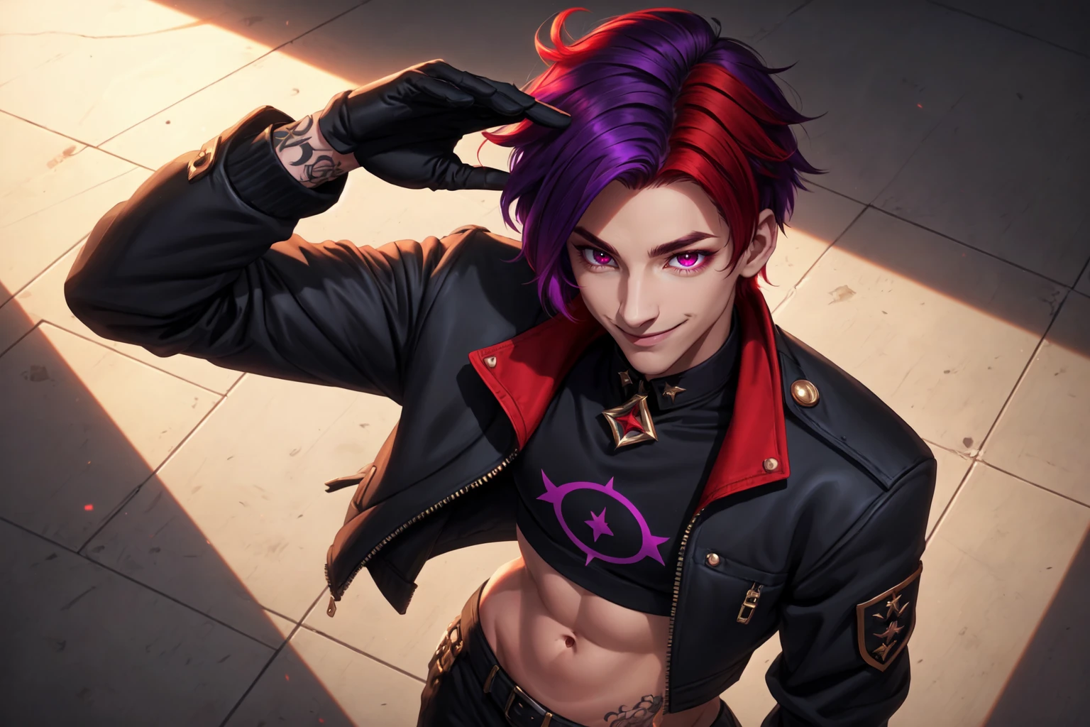 LoL Style, 1boy, from above, gloves, heterochromia, jacket, male focus, multicolored hair, crop top, navel, purple hair, red eyes, colored sclera, black sclera, flared collar, red hair, short hair, smile, solo, tattoo, from above, salute pose, masterpiece, official art, extreme light and shadow, <lora:LeagueStyles:0.8>