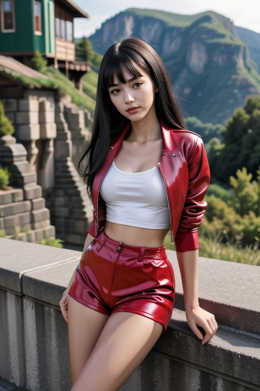 1 woman, 22yo, realistic, masterpiece, high detailed skin, looking at viewer, full body shot, scenic view, long hair, black hair
<lora:Latex_Jacket_Shorts_By_Stable_Yogi:1>
short sleeves, collarbone, (latex red shorts, shirt, jacket)