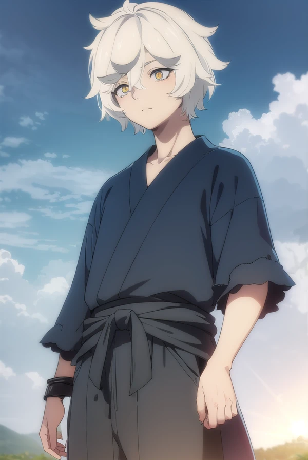 gabimaru, <lora:gabimaru s1-lora-nochekaiser:1>,
gabimaru, short hair, (yellow eyes:1.3), white hair, male focus,
BREAK japanese clothes, pants, sandals,
BREAK outdoors, forest, nature, sky, sun, clouds,
BREAK looking at viewer, (cowboy shot:1.5),
BREAK <lyco:GoodHands-beta2:1>, (masterpiece:1.2), best quality, high resolution, unity 8k wallpaper, (illustration:0.8), (beautiful detailed eyes:1.6), extremely detailed face, perfect lighting, extremely detailed CG, (perfect hands, perfect anatomy),