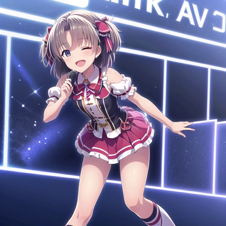 toji_suu, idoldress, hair ribbon, 1girl, solo, day, open mouth, smile, v, one eye closed